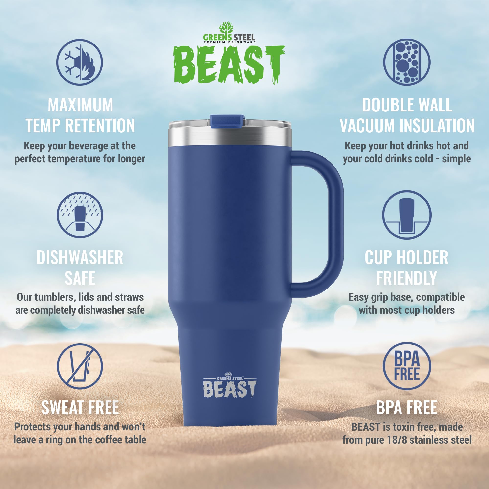 Beast 50 oz Tumbler with Handle Stainless Steel Vacuum Insulated Coffee Ice Cup Double Wall Travel Flask (Royal Blue)