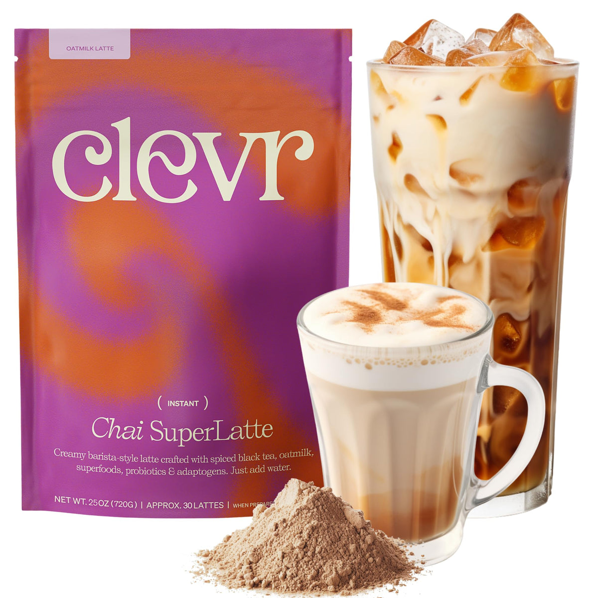 Clevr Turmeric Powder, Golden Milk Instant Latte Mix, Superfood Powder with Lions Mane, Reishi Mushroom, Organic Spices, Coconut Cream, Ashwagandha, Serve Hot or Iced, (14 Lattes)
