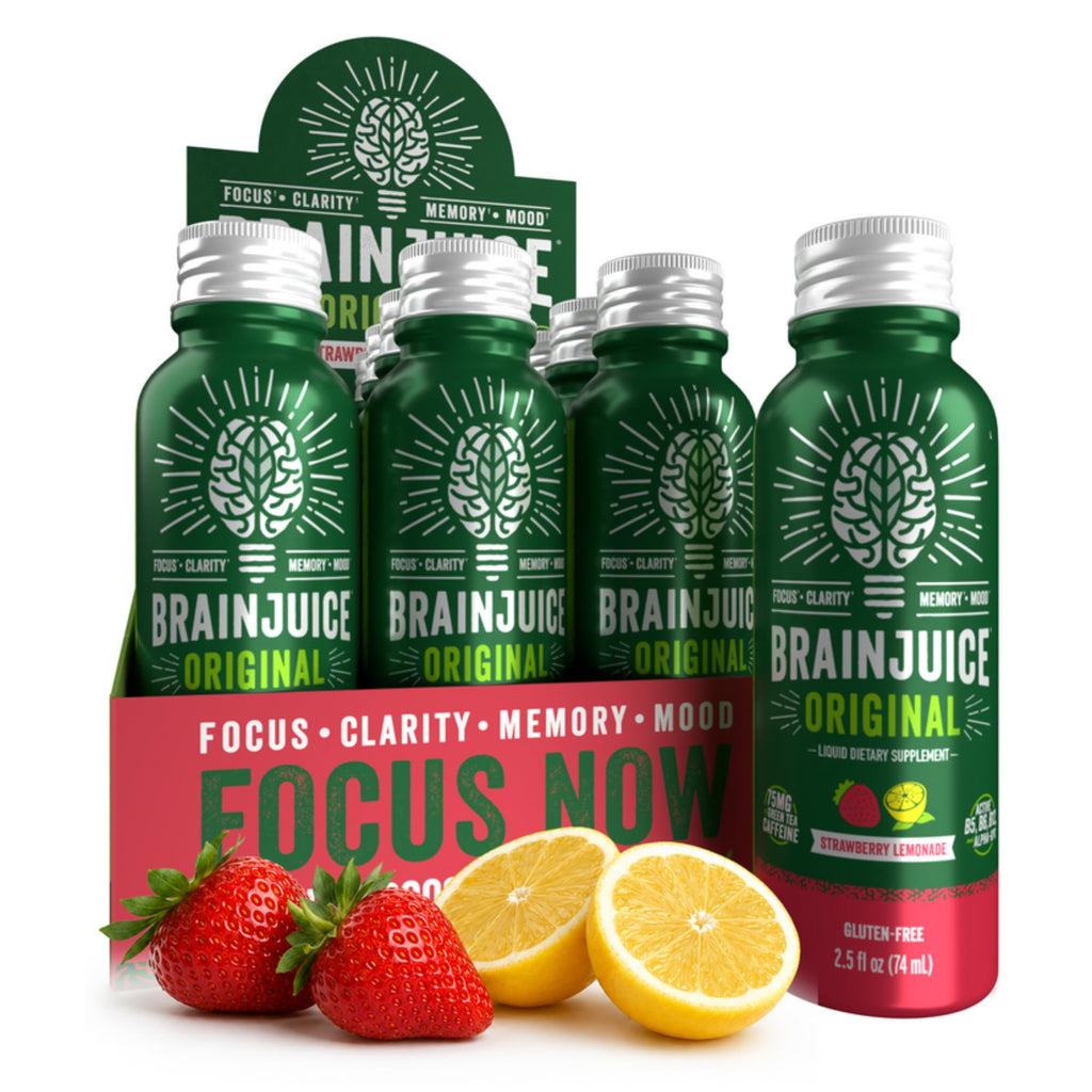 BrainJuice Decaf Strawberry Lemonade Nootropic Supplement Shot, 2.5 fl oz, 12 Pack