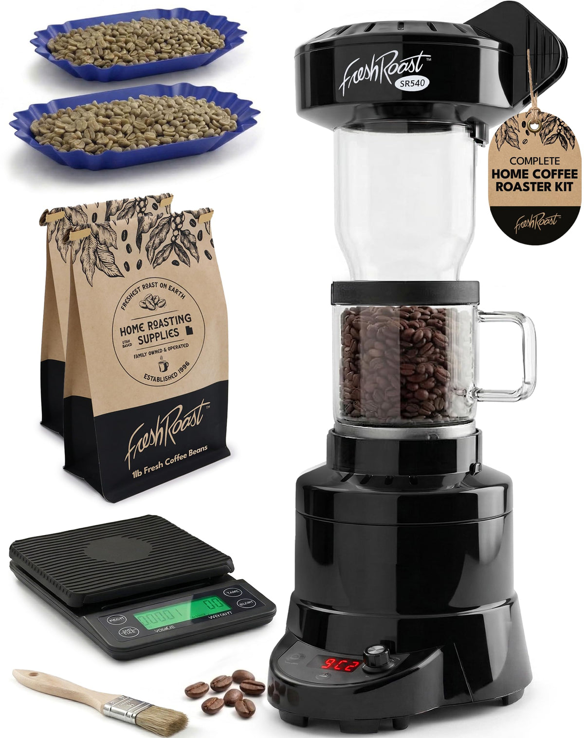 Fresh Roast SR540 Coffee Roaster Bundle with Glass Extension Tube, Digital Coffee Scale & Green Coffee Beans