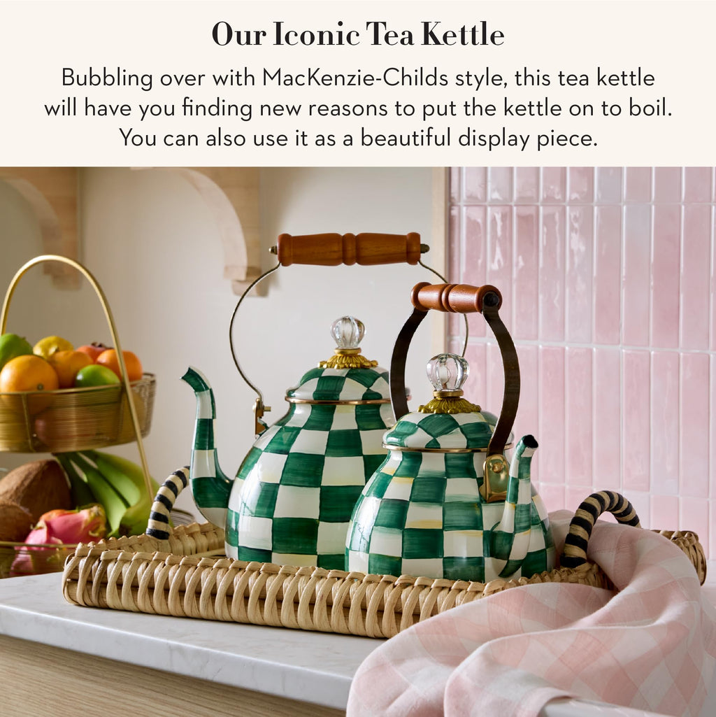 MACKENZIE-CHILDS Tea Kettle, 3 Quarts, Green-and-White Emerald Check