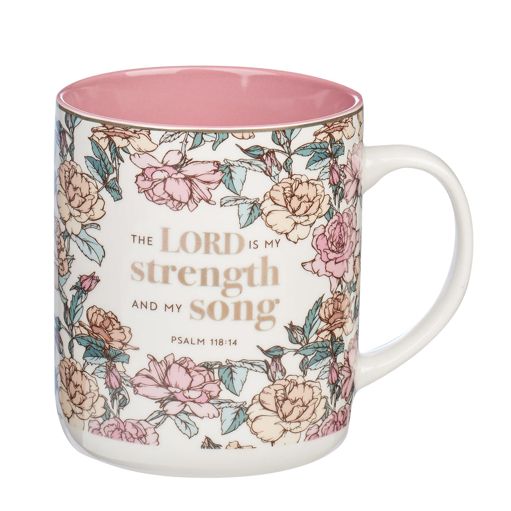 Christian Art Gifts Pink Floral Ceramic Coffee Mug – 14 oz. Lead and Cadmium-free Non-toxic Inspirational Scripture Coffee and Tea Mug for Women with Bible Verse: My Strength and My Song –Psalm 118:14