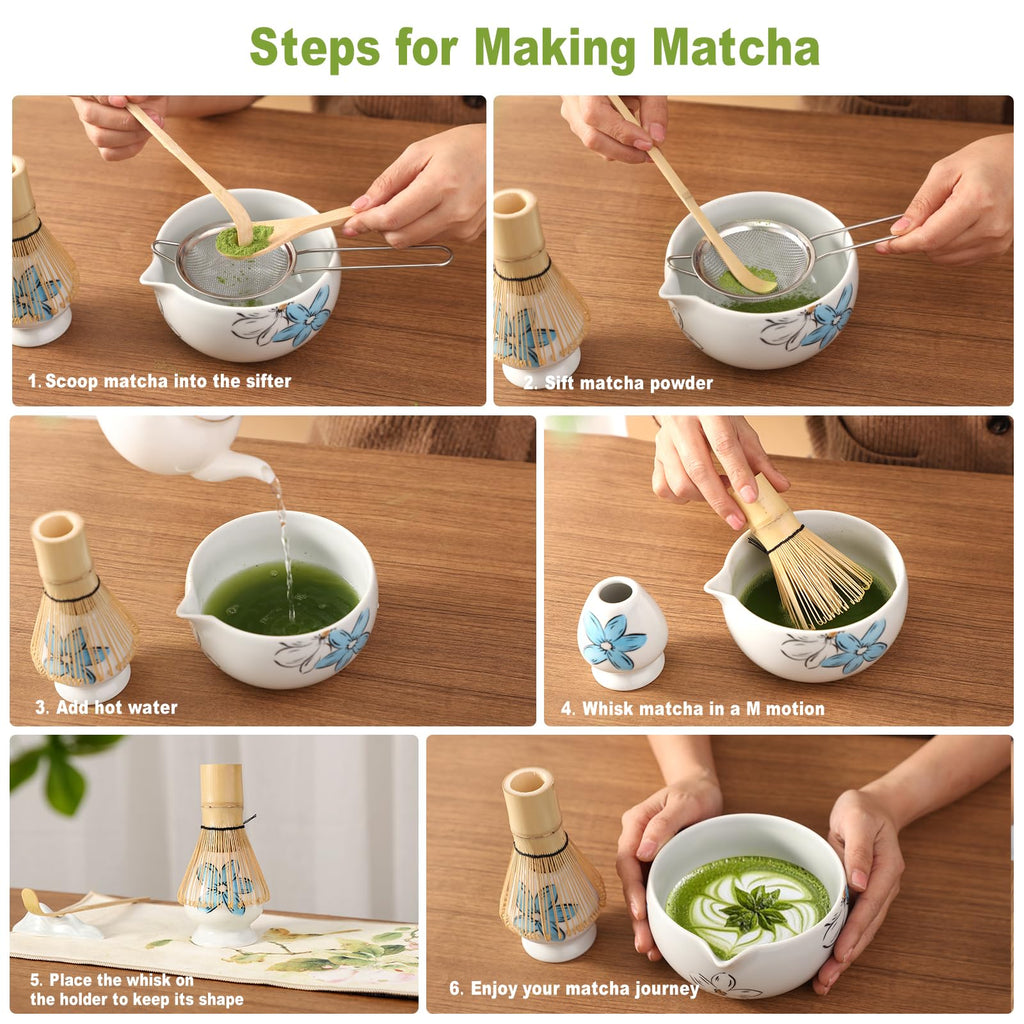 JunMu Matcha Whisk Set Cute,8pcs Matcha Set Whisk And Bowl,Matcha Kit Set With Bamboo Whisk,Ceramic Matcha Bowl,Sifter,Scoop,Holder,Towel,Stand,Spoon,Unique Gift for Japanese Matcha Tea Lover