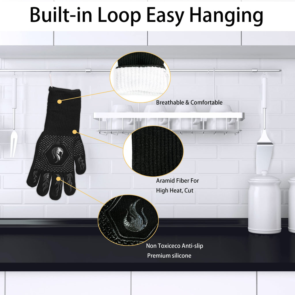 BBQ Gloves 1472F Heat Resistant Non-Slip Silicone 13.5in (Black)