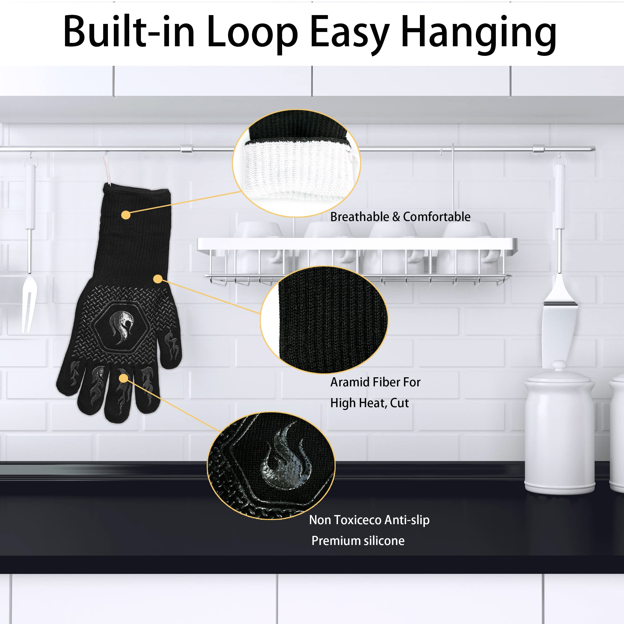 BBQ Gloves 1472F Heat Resistant Non-Slip Silicone 13.5in (Black)