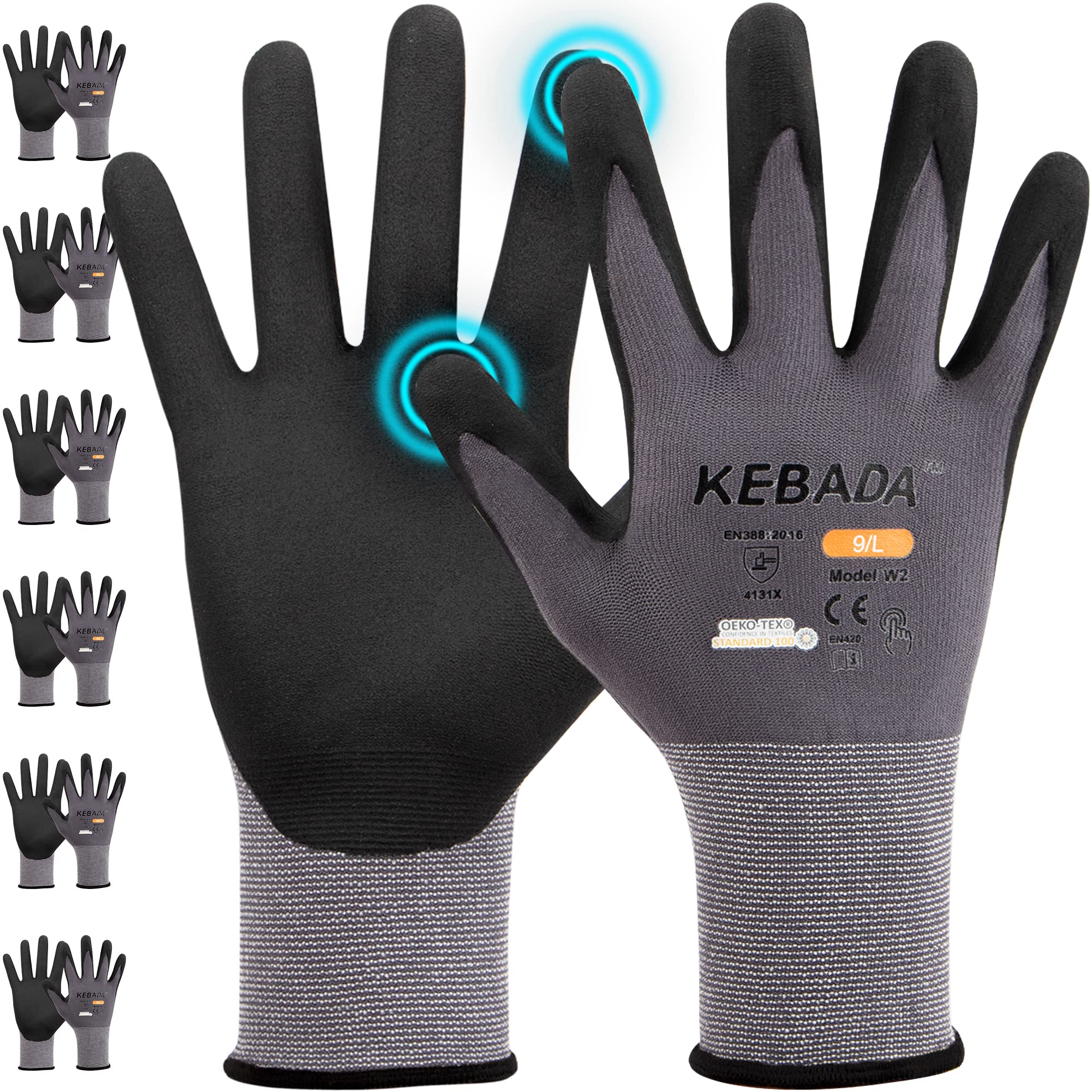 Kebada W2 Touchscreen Safety Work Gloves for Men & Women, 6 Pairs