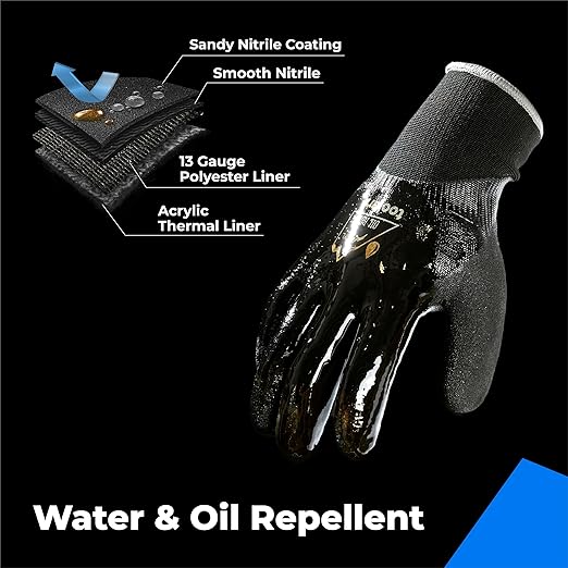 Waterproof Gloves Bulk Pack for Men and Women, 3 Pairs, Freezer Gloves with Grip, Double Nitrile Dipped for Extreme Oil Repellent, for Construction, Mechanics, Mining, Plumbing, Black, Small