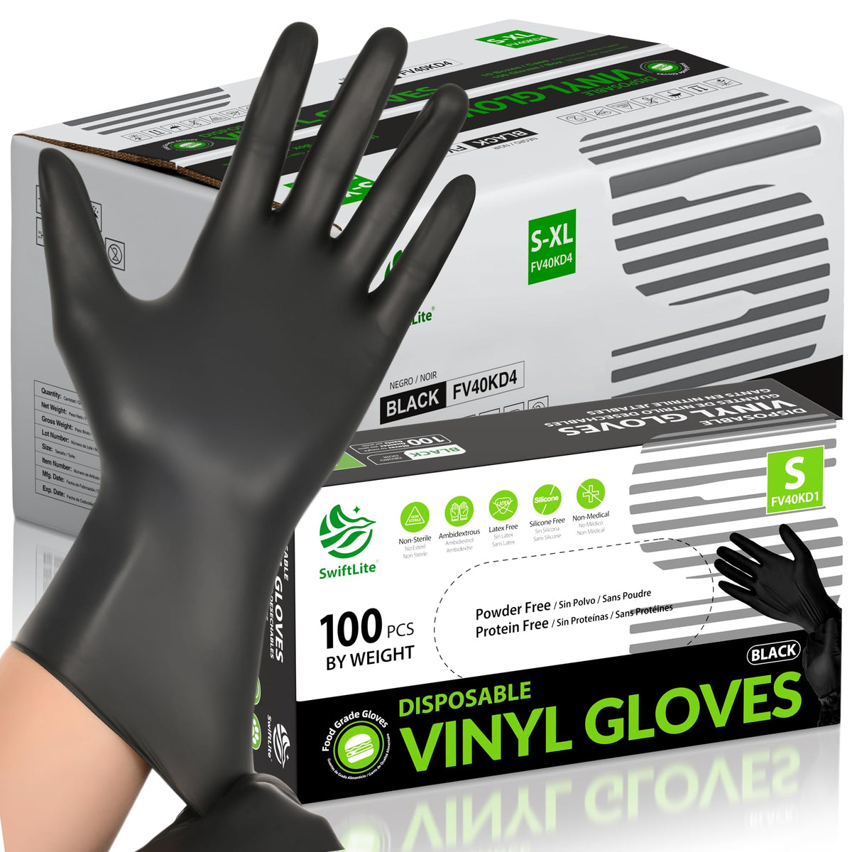 SWIFTLITE Black Vinyl Gloves, Food Grade Gloves Disposable Latex Free