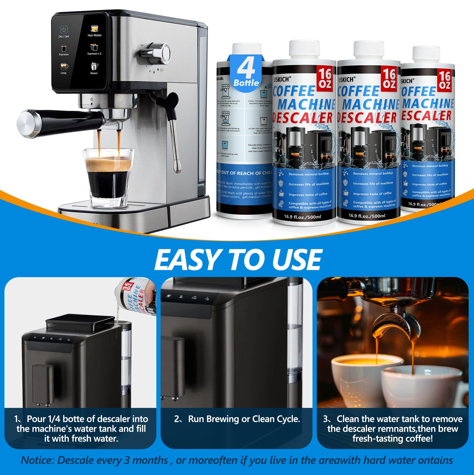 4 Pack Coffee Machine Descaler Descaling Solution -16 Uses,Descaling Solution for Descaling Solution for Keurig, Nespresso, Delonghi,Espresso Machines