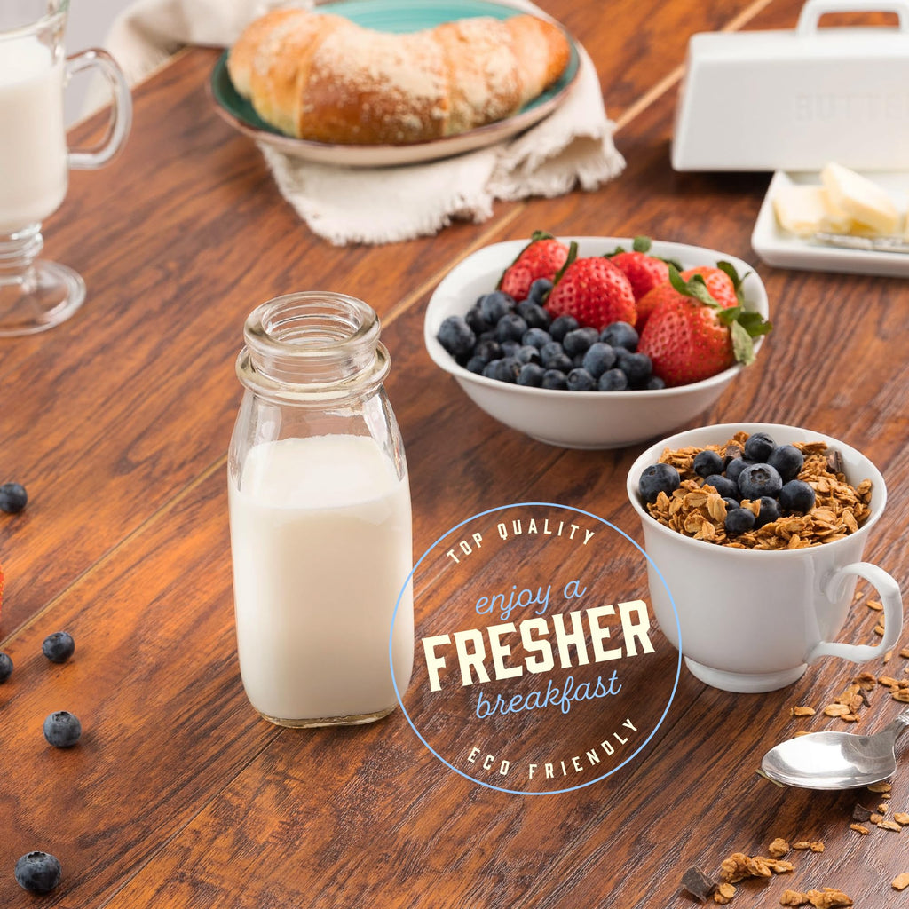 kitchentoolz 12 Oz Square Glass Milk Bottles with Lids (4 Pack) – Reusable Glass Creamer Bottles for Milk, Juice, and More – Includes Tamper-Proof Caps and One Silicone Pour Spout