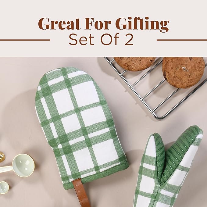 Folkulture Mini Oven Mitts Heat Resistant | (5.75 x9) Set of 2 Short Green Oven Mitts with Hanging Loop | 100% Cotton Oven Gloves or Kitchen Mittens | Small Oven Mitt Set or Green Silicone Oven Mit