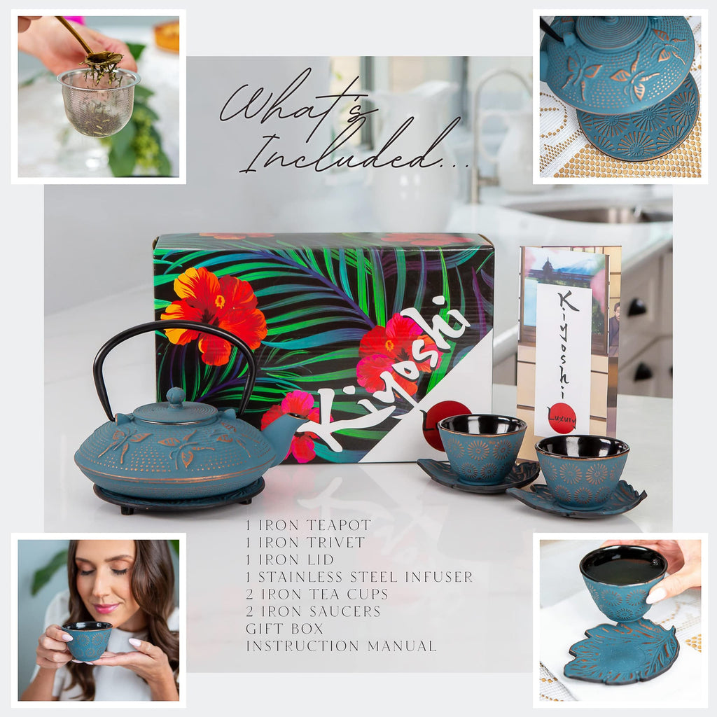 Cast Iron Tea Set with Teapot, 2 Tea Cups, 2 Saucers, Stainless Steel Tea Infuser & Matching Trivet, Enamel Coated Teapot for Loose Leaf Tea, Blue Butterfly