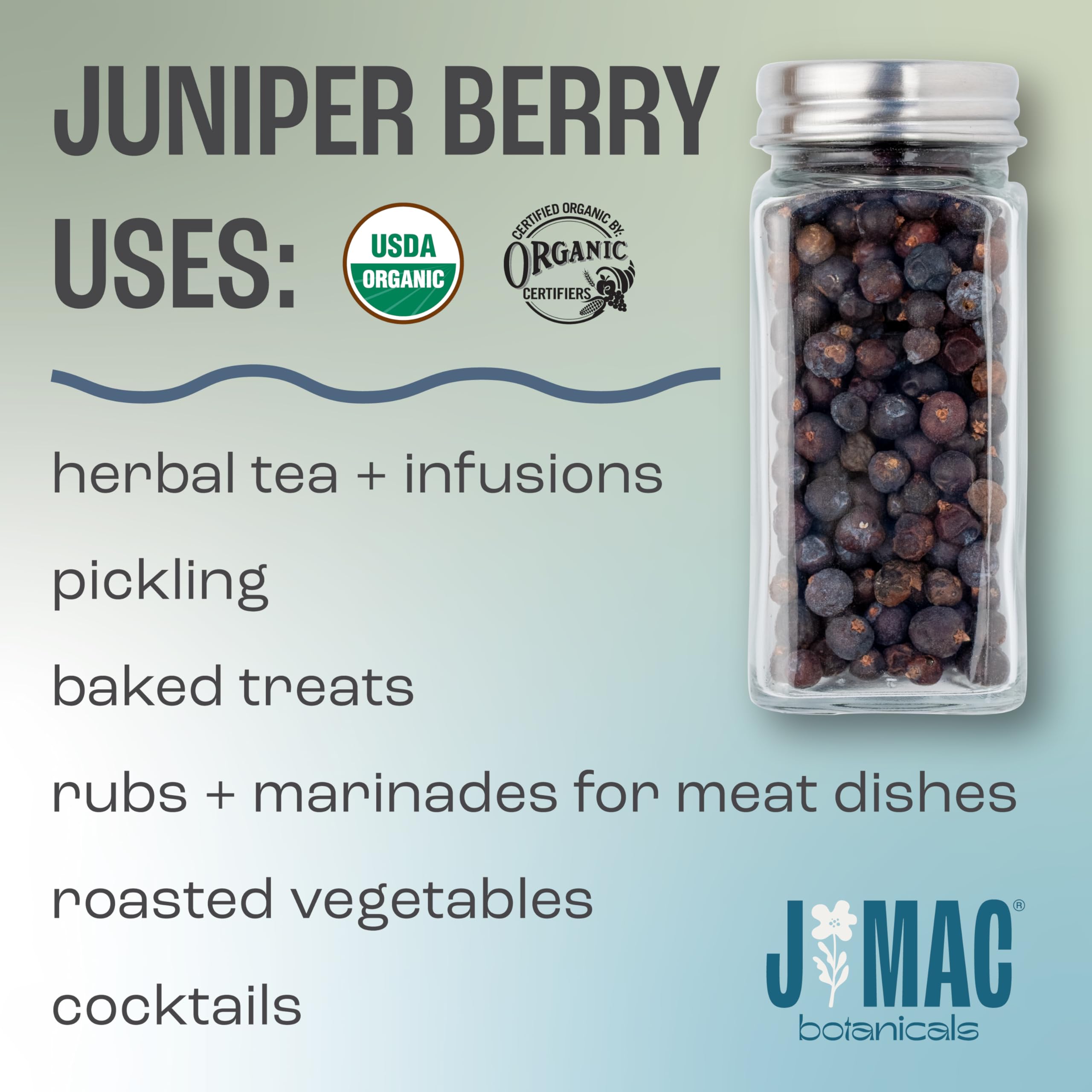 J MAC BOTANICALS, Organic Whole Juniper Berries, Certified Organic, juniper for herbal infusions, cooking and seasoning beef, pork, turkey brine, soups, syrups, cocktail bombs (4 oz)