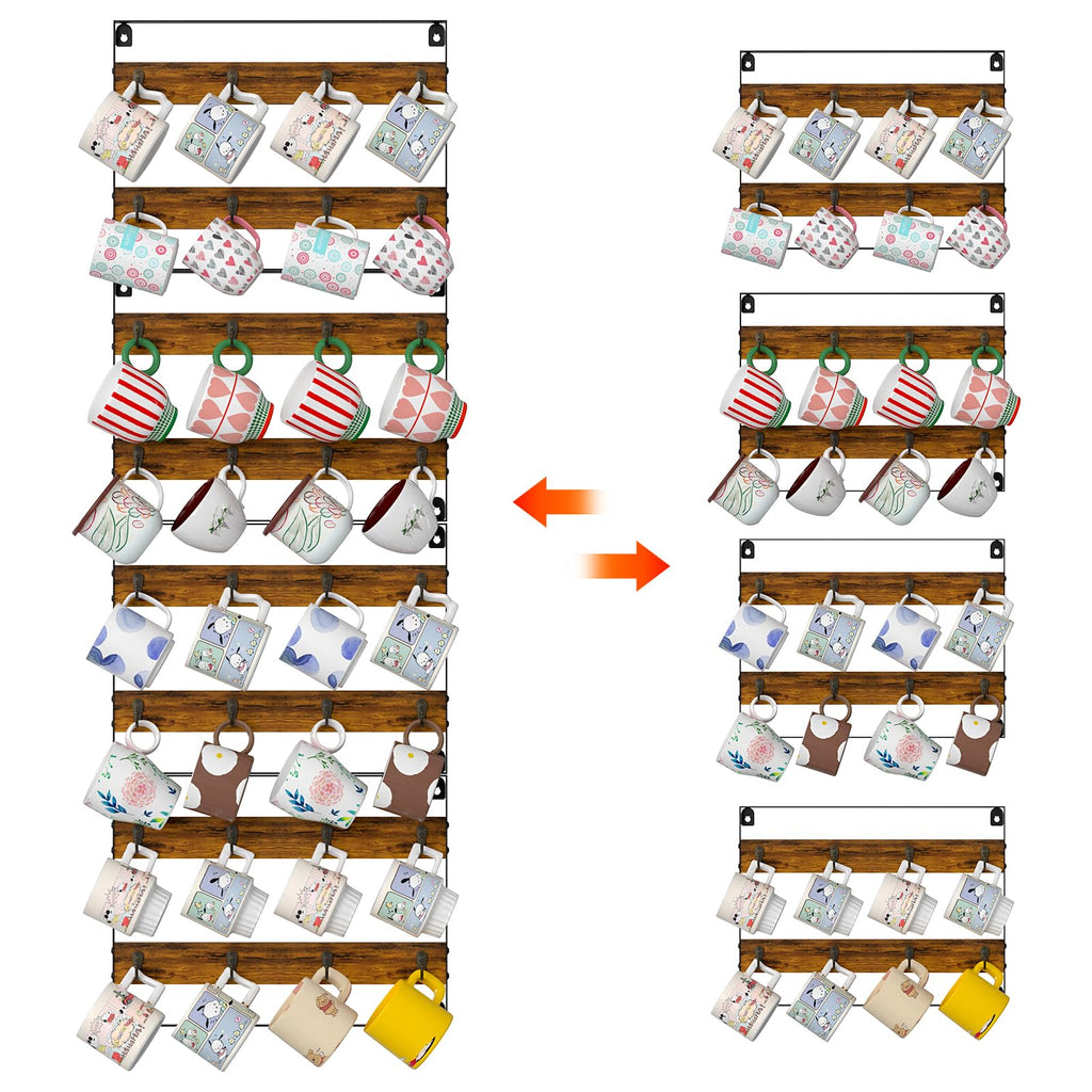 Rustic Wood Coffee Mug Rack - Wall Mount Cup Holder Shelf Storage for Kitchen, Home, Bar, Office (4 Pack, Holds 32 Mugs)
