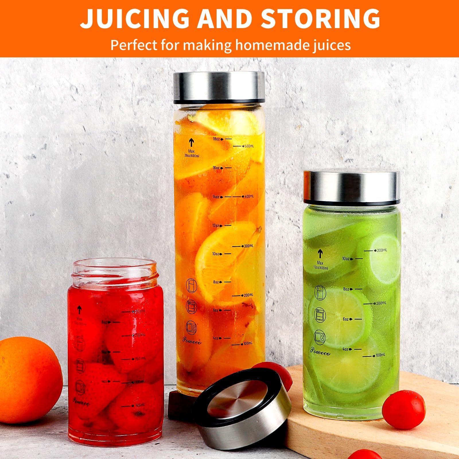 poweco Glass Juice Bottles 4 Pack 10 oz - Wide Mouth Glass Water Bottles with Lids - for Juicing, Protein, Smoothie, Milk, Reusable, BPA Free, Stainless Steel Lids, Blender, Shaker Bottle [300ml]