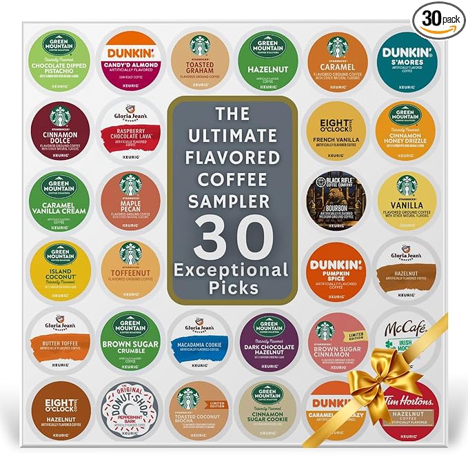 30 Flavored K-Cups: Unique & Exciting Variety Pack Collection" Dunkin, Green Mountain, Gloria Jean's And More (30 Unique Pods) Comes in a Nice Gift Box (Perfect for Gifting!)