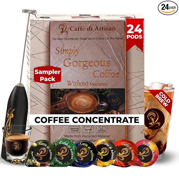Sampler Pack Cold Brew Concentrate Instant 24 Coffee Pods 100% Pure Rich Arabica Medium to Medium Dark Roast Coffee Beans Syrup | Instant Coffee Concentrate Liquid Capsule From Caffè Di Artisan