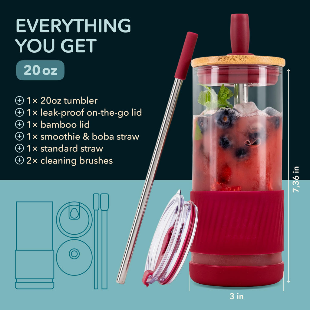 Pandaloo® Glass Cups With Lids and Straws -20 Fl Oz- Perfect Size Iced Coffee Cup - Smoothie Cup With Bamboo Lid and On the go Lid - Glass Tumbler With Straw (1 Count (Pack of 1), Boysenberry)