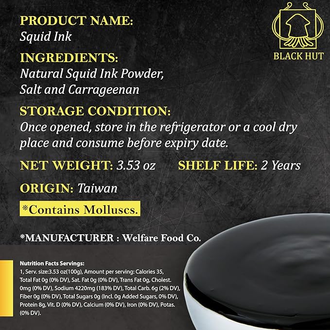 (5g x 20 Pack) Black Hut Squid Ink, Food Coloring Tinta Calamari for Rice Noodles Pasta Spaghetti Risotto, Cuttlefish Ink for Baking mix, Halal Certificate, Contains Molluscs, 3.53 oz / 100 g
