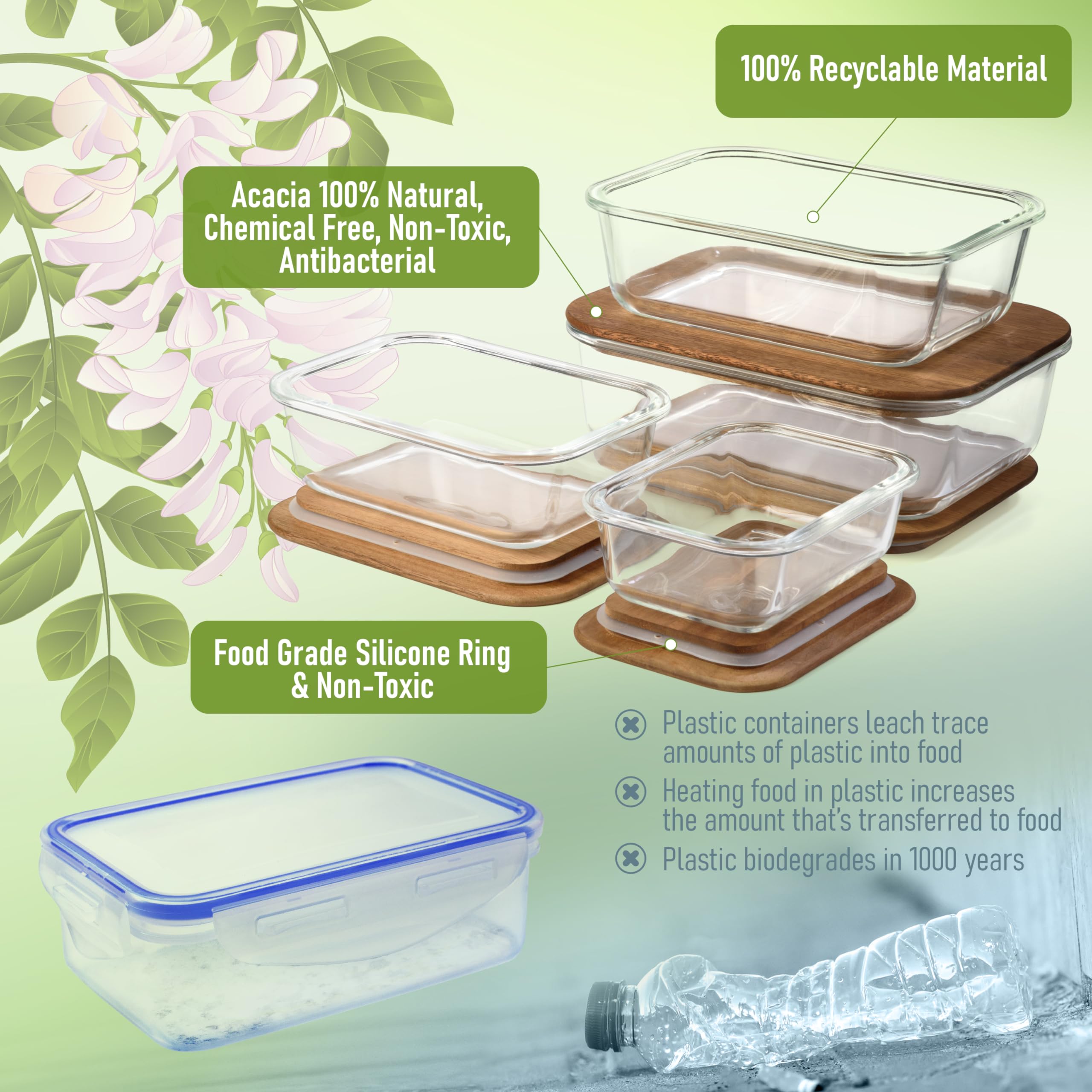 dokaworld Glass Container Set with Acacia Lids - 4 Stackable Meal Prep Containers. Durable heat resistant Inert Borosilicate Glass