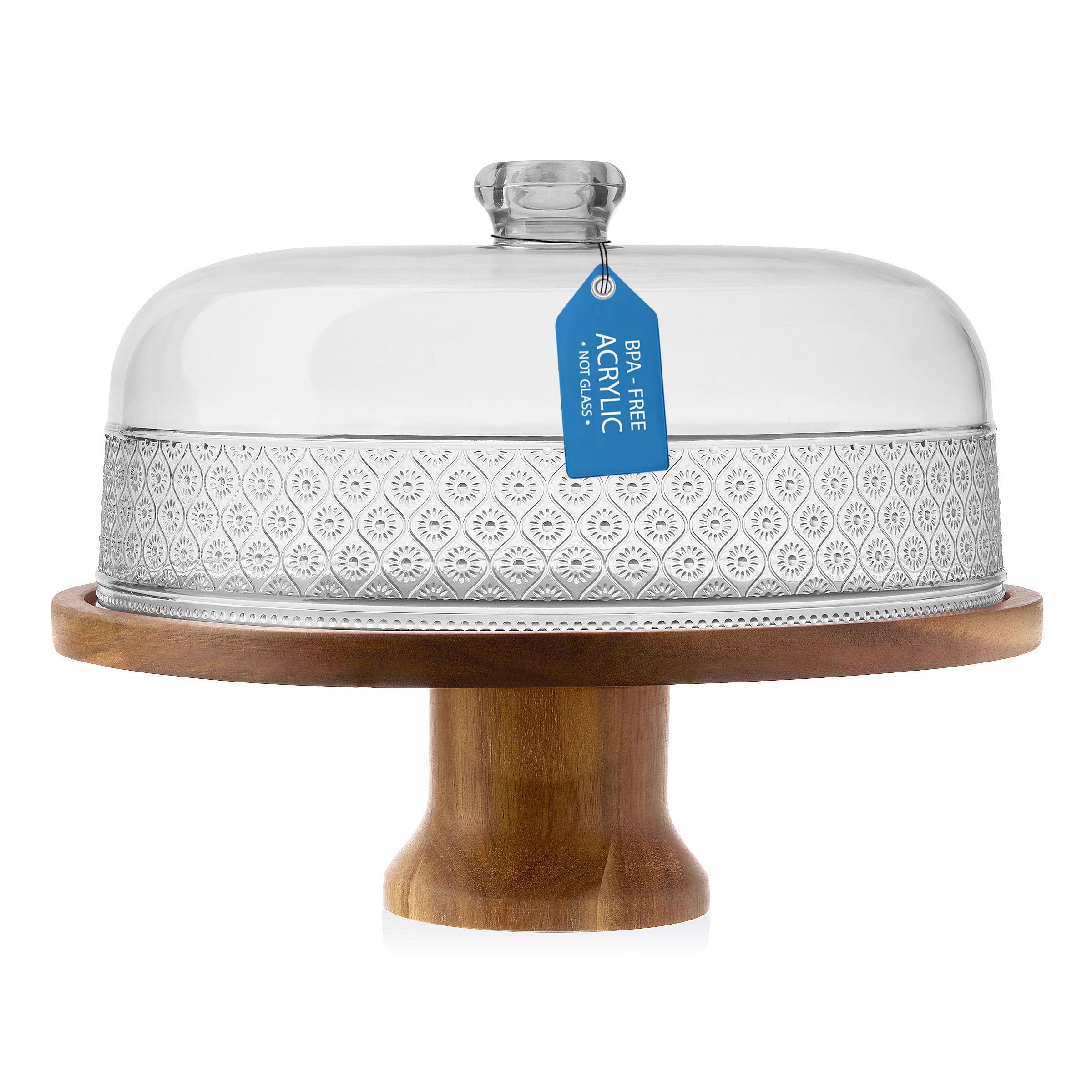Godinger Cake Stand, Footed Cake Plate with Dome, Acacia Wood and Shaterproof Acrylic Lid, Wood Cake Stand with Dome Vintage Romantic Décor