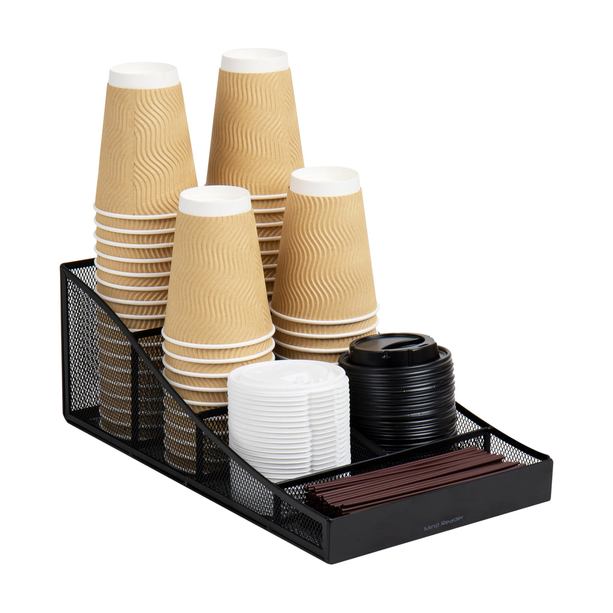 Mind Reader Cup and Condiment Station, Countertop Organizer, Coffee Bar, Kitchen, Stirrers, 7.25"L x 15.5"W x 5.25"H, Black