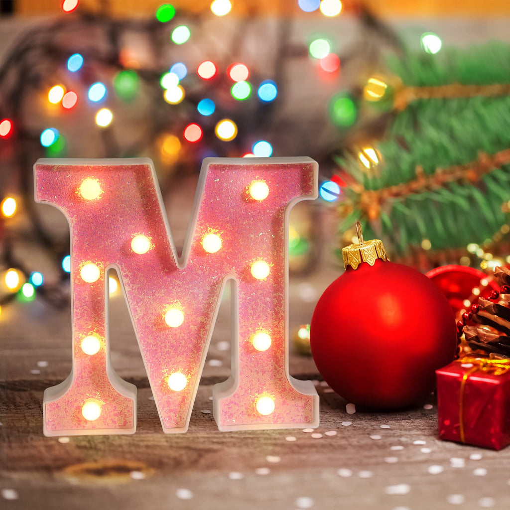 Foaky LED Letter Lights Sign Light Up Pink Letters Glitter Alphabet Letter Sign for Night Light Wedding/Birthday Party Battery Powered Christmas Lamp Girls Gifts Home Bar Decoration（K）