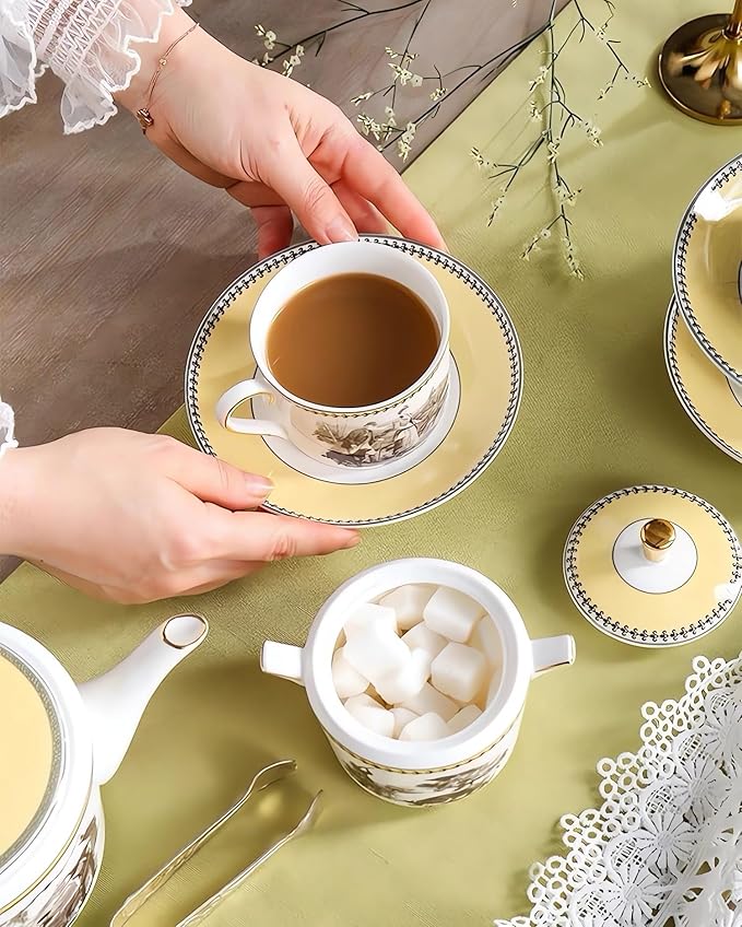 ACMLIFE Tea Set for Adults- Fine China Tea Set for 6, 21-Piece Vintage Coffee Set English Porcelain Tea Pot Sets for Adult Tea Party for Women Gift (Yellow, Extra Large 21)