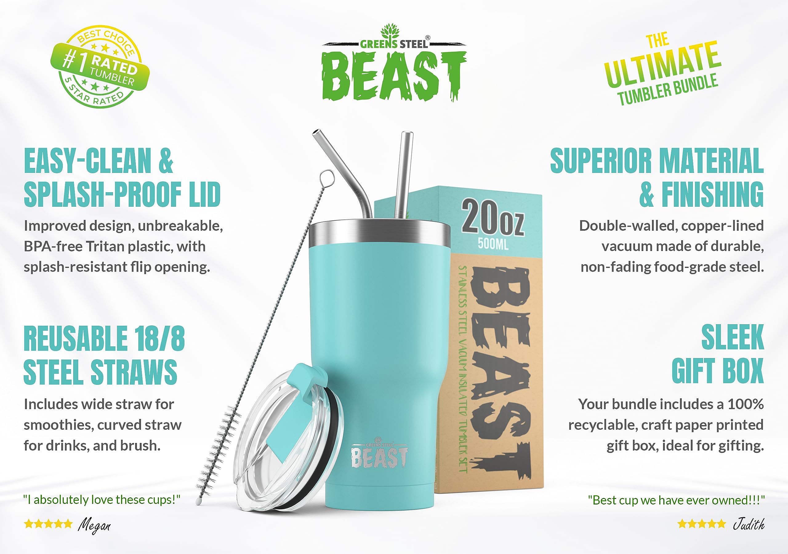 Beast 20 oz Tumbler Stainless Steel Vacuum Insulated Coffee Ice Cup Double Wall Travel Flask (Aquamarine Blue)