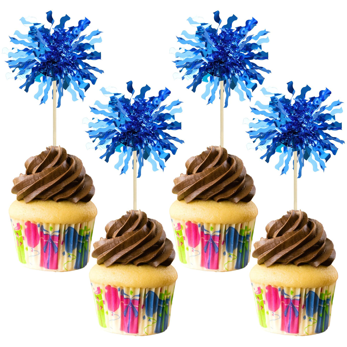 Gyufise 30Pcs Foil Firework Cupcake Toppers Sparkle Tinsel Cake Toppers Tinsel Drink Cake Decoration Cocktail Picks for Birthday Wedding Graduation Party Supplies Dark Blue