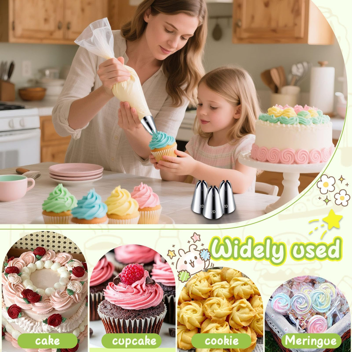 Hendiy 3pcs 2D Cake Piping Tips with 20 Piping Bags
