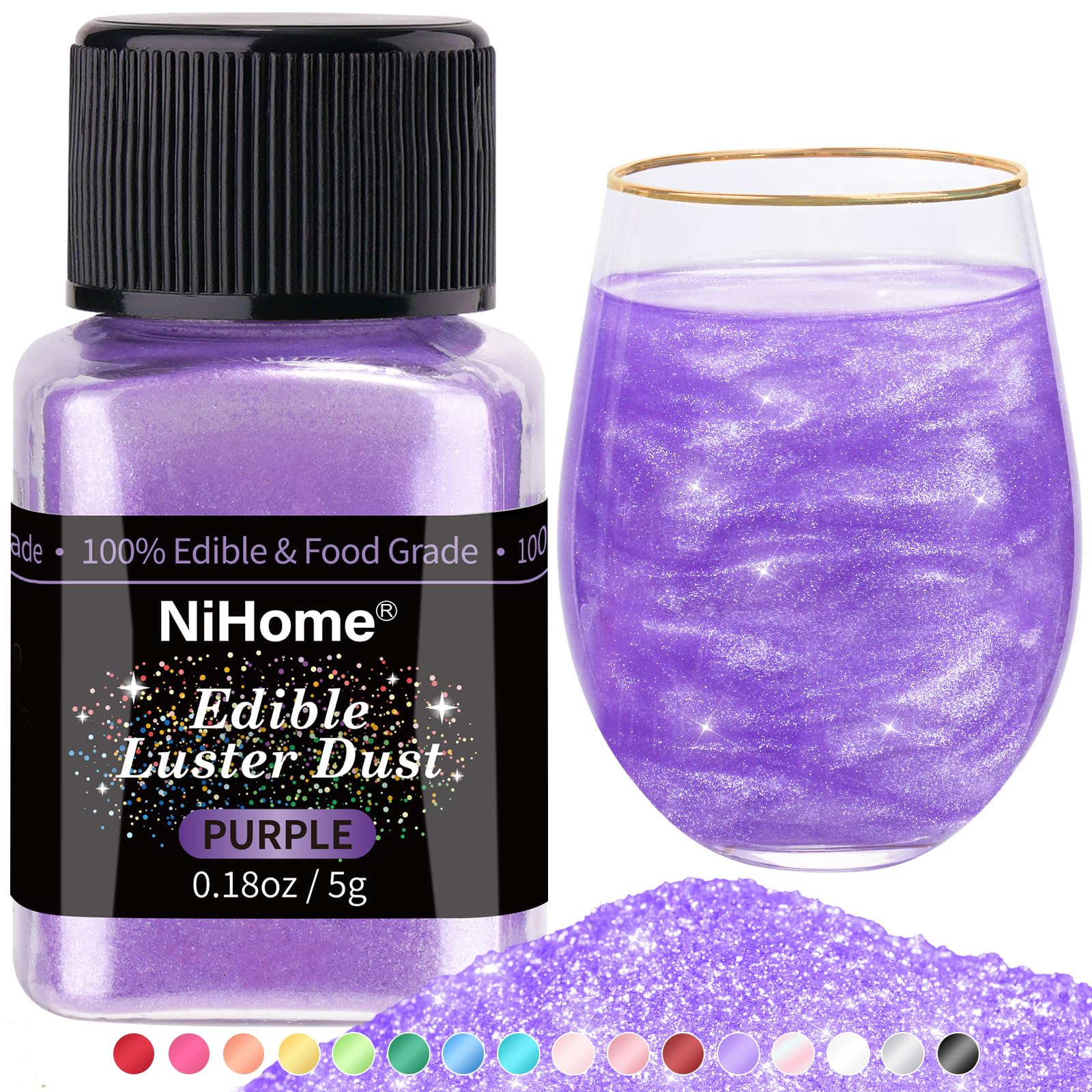 NiHome Edible Glitter Luster Dust for Drinks, Dessert, Vegan, Purple