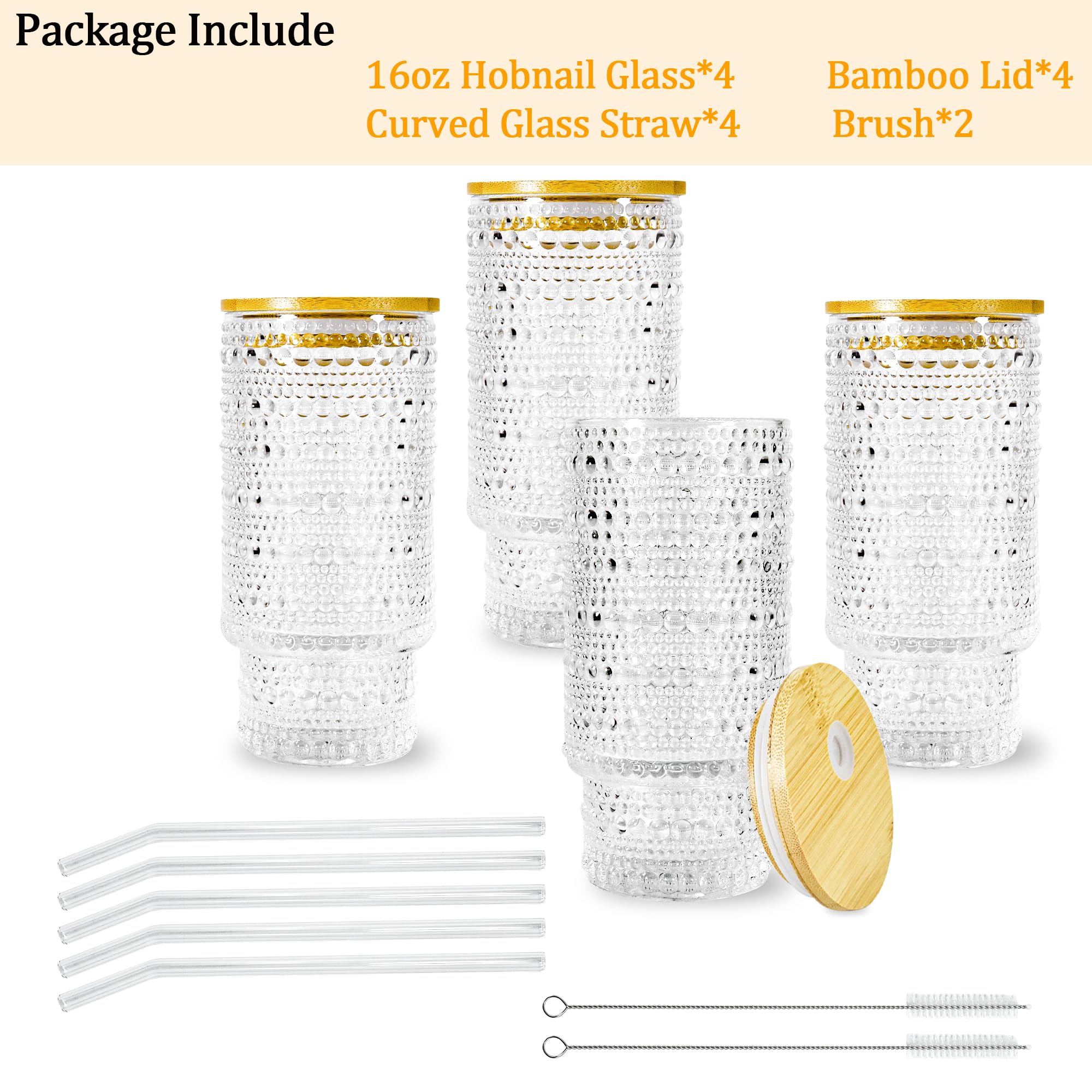 Icesip Glass Cups with Lids and Straws 16 oz Hobnail Drinking Glasses