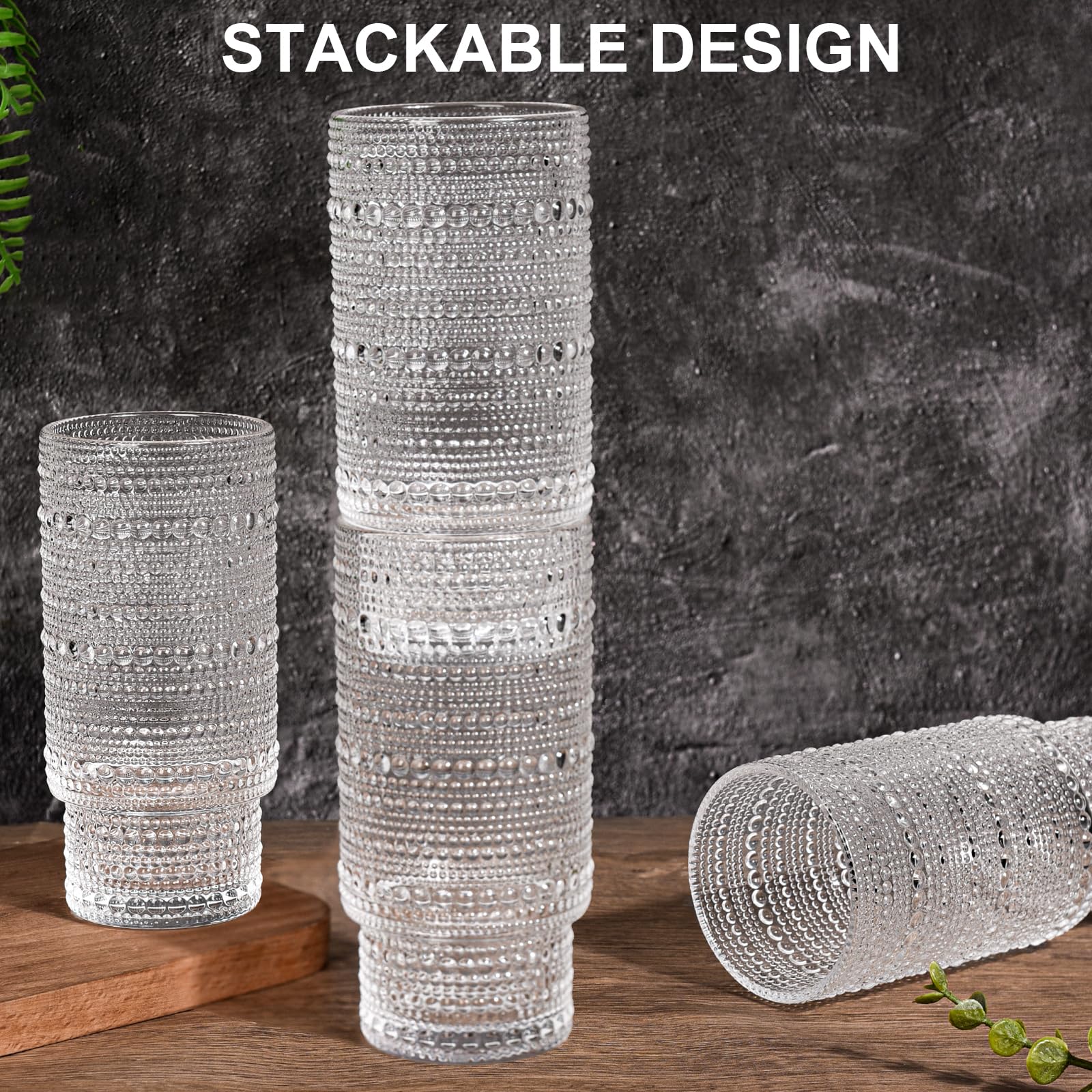 AFINSEA 16OZ Glass Tumbler with Straw and Lid,Glass Cups with Lids and Straws,Ribbed Iced Coffee Cups Vintage Embossed Glassware for Juice Whiskey Cocktail Beer(2Pack)