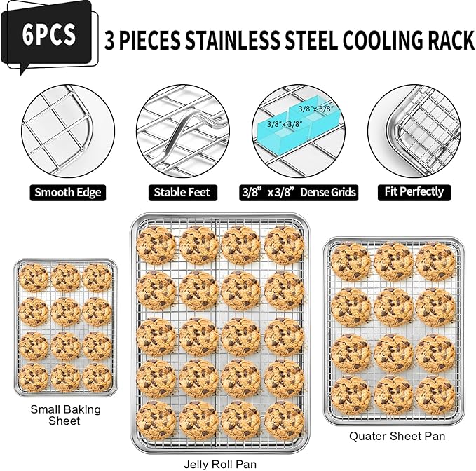 CEKEE Baking Sheet with Wire Rack Set of 6 (3 Cookie Sheets for baking + 3 Cooking Racks), Stainless Steel Stainless Steel Baking Pans Set with Cooling Rack - Heavy Duty & Dishwasher Safe