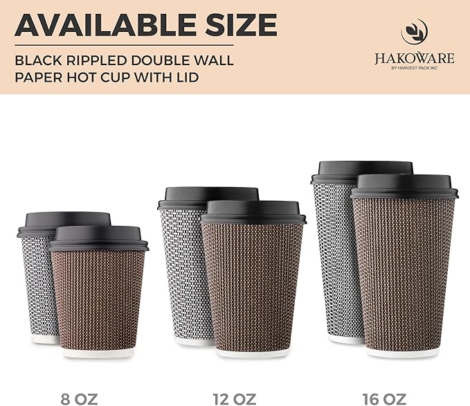 [340 SET]Harvest Pack 16 oz Disposable Coffee Cups, Insulated Ripple Double-Walled Paper Cups with Lids, Black and White Geometric, Bulk Drinking Cups for Tea Hot Chocolate Drinks To go coffee cups