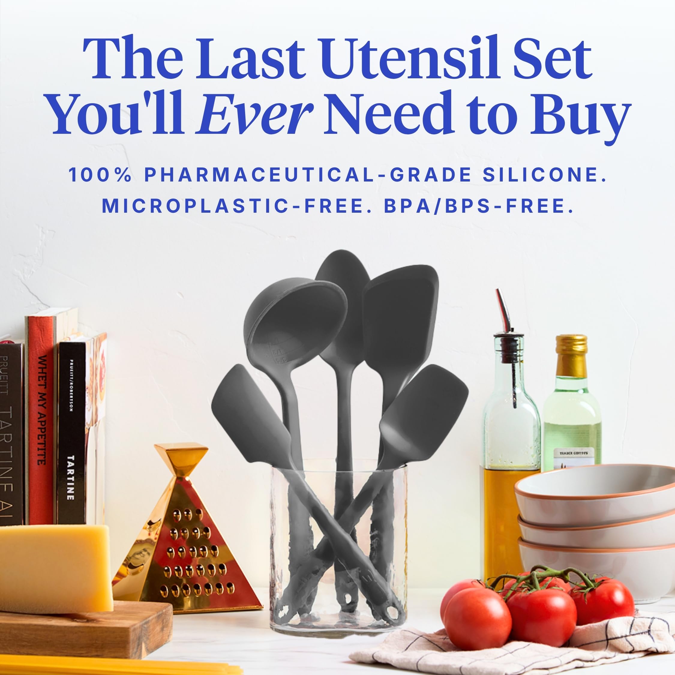 GIR 5-Piece Silicone Kitchen Utensils Set, Non-Toxic Cooking Utensils for Cooking and Baking, Heat Resistant, Food Grade, Dishwasher Safe Rubber Spatula, Ladle, Spoon - Charcoal