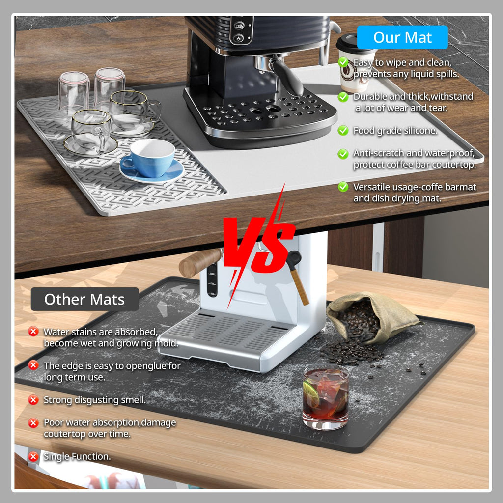 Silicone Coffee mat 24''x16'' – Non-Slip Bar Mat with Detachable Drying Layer for Espresso Machines, Countertops & Dish Racks