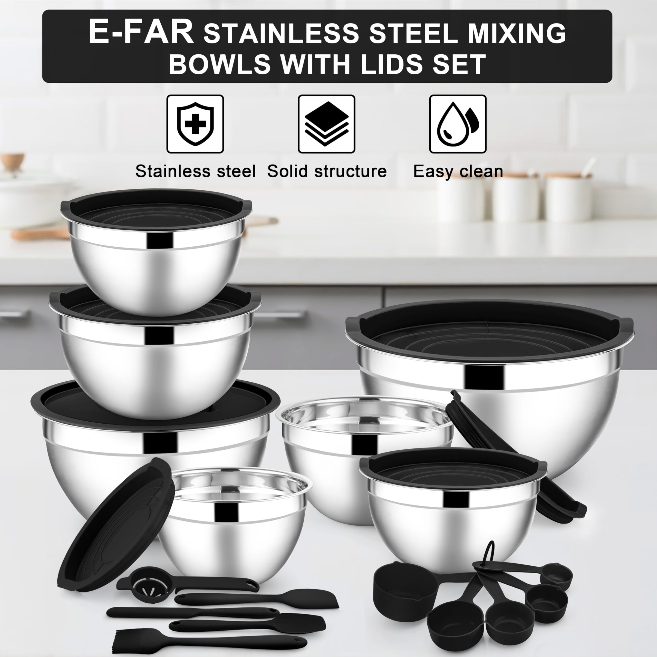 E-far Mixing Bowls with Lids Set, 21PCS Stainless Steel Salad Mixing Bowls with 3 Grater Attachments, Size 7, 4.6, 3.5, 2.6, 2, 1.5, 1QT, Nesting Design & Black Airtight Lid, For Baking/Prepping