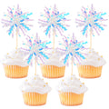 30 PCS Foil Firework Cupcake Toppers Sparkle Tinsel Cupcake Picks Happy Birthday Cake Toppers Drink Stirrers Cocktail Food Fruit Toothpicks for Baby Shower Birthday Party Decorations Supplies Silver