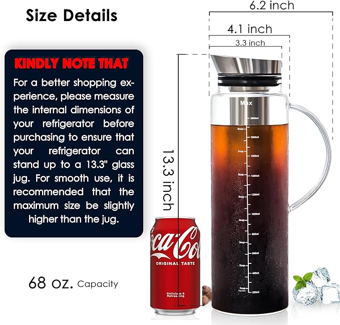 Aquach 68 Oz Cold Brew Coffee & Iced Tea Maker – Airtight Lid for Freshness Up to 2 Weeks, Dishwasher Safe