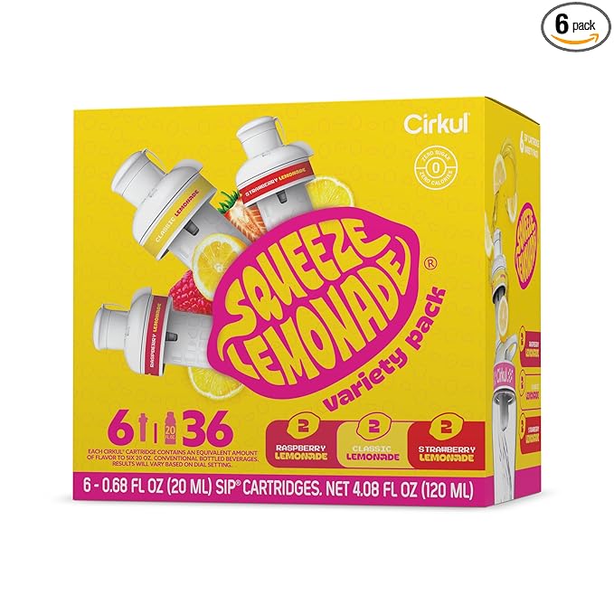 Cirkul Squeeze Lemonade Flavor Cartridge Variety Pack with B Vitamins, 6-Pack (2 Classic, 2 Strawberry, 2 Raspberry), No Sugar, Zero Calorie Drink Mix