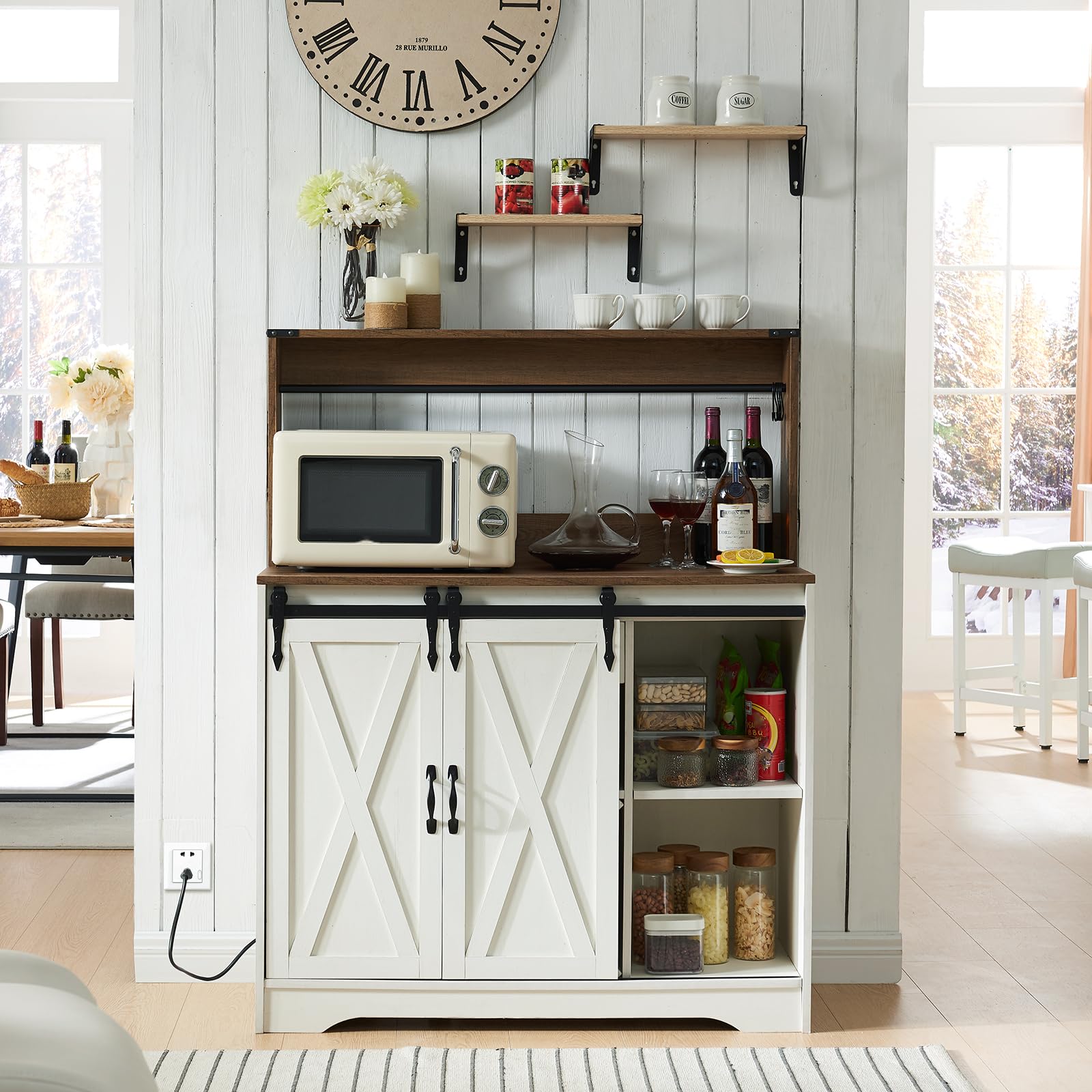Wnutrees Farmhouse Coffee Bar Cabinet with Charging Station and USB, White