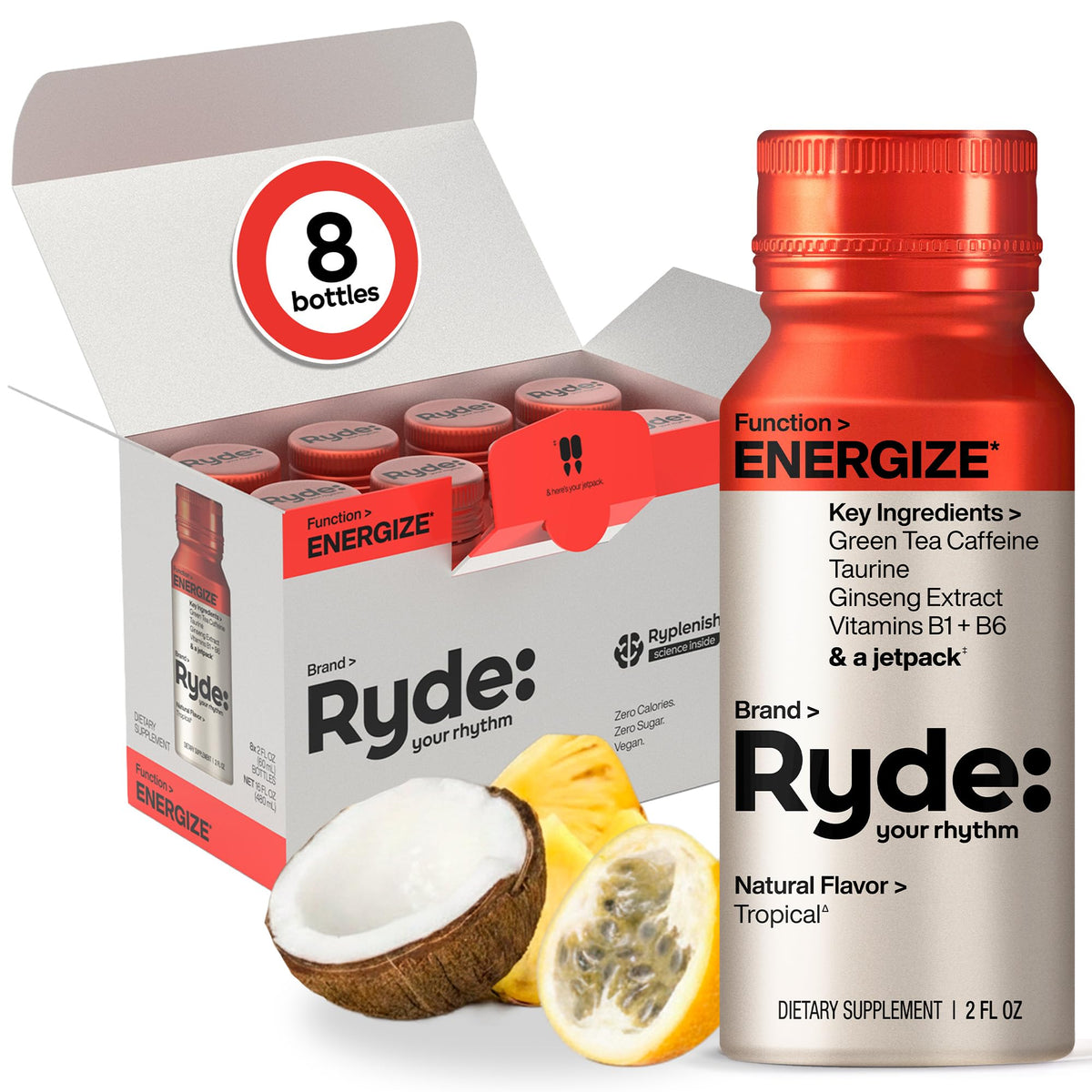 RYDE Energize Energy Shot, Tropical Flavor, Zero Sugar, 2 fl oz, 24 Pack