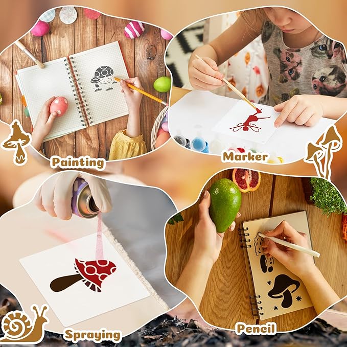 Fainne 100 Pcs Stencils for Painting on Wood Reusable Stencil Crafts Drawing Templates Holiday Wall Paper for DIY Scrapbook Home 2 x 2 Inch(Mushroom)