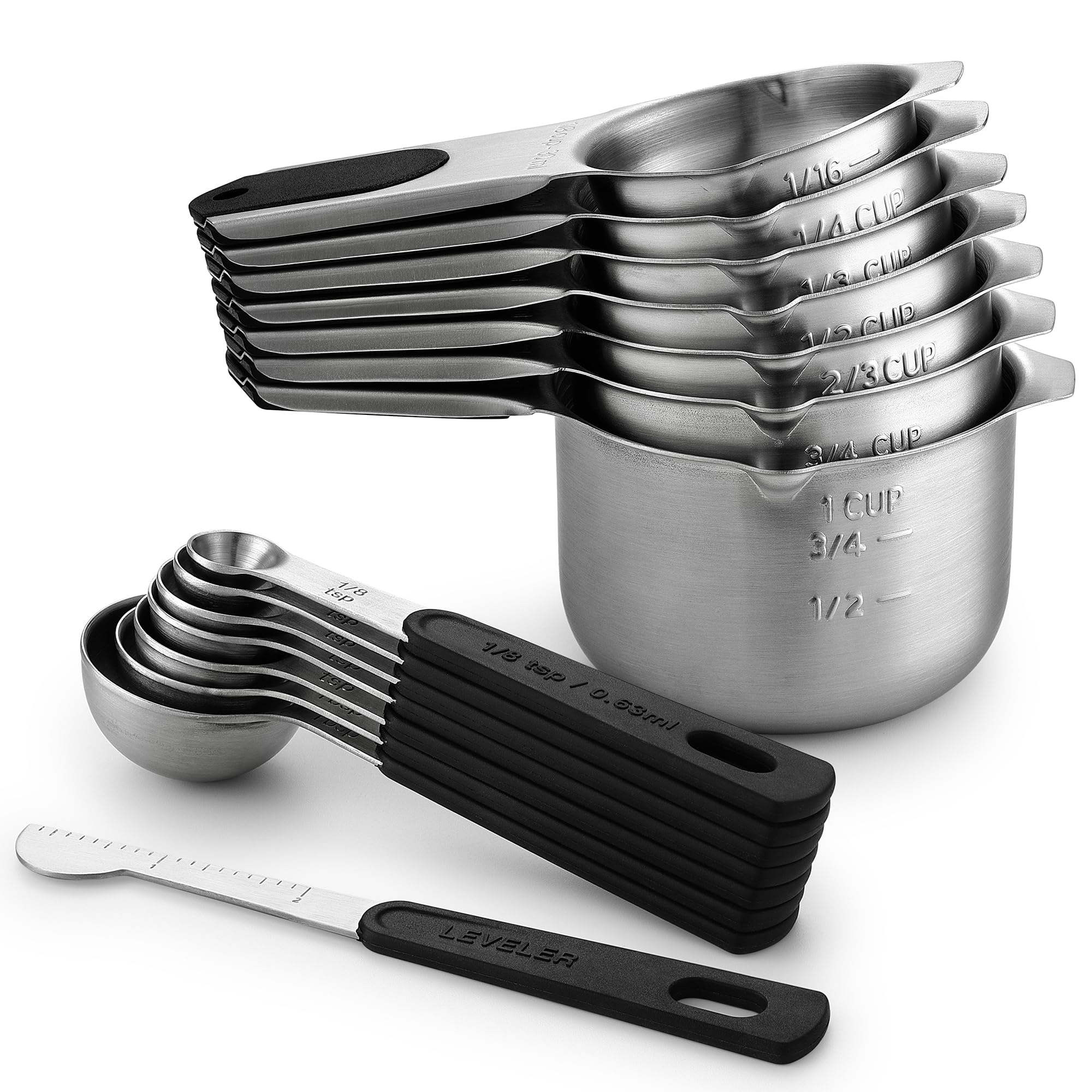 Spring Chef Magnetic Measuring Cups & Spoons Set (Patent Pending), Strong N45 Magnets, Heavy Duty Stainless Steel Fits in Spice Jars for Baking & Cooking, BPA Free, Round Set of 15 with Leveler, Black