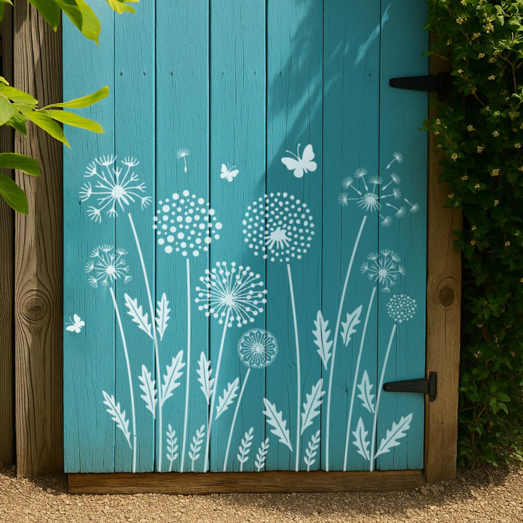TWINKLEMON 12PCS Large Flower Stencils for Painting on Wood 12 x 12 Inch Dandelion Stencil with Brushes Butterfly Stencil Large Floral Stencils for Walls Garden Fence Furniture Fabric