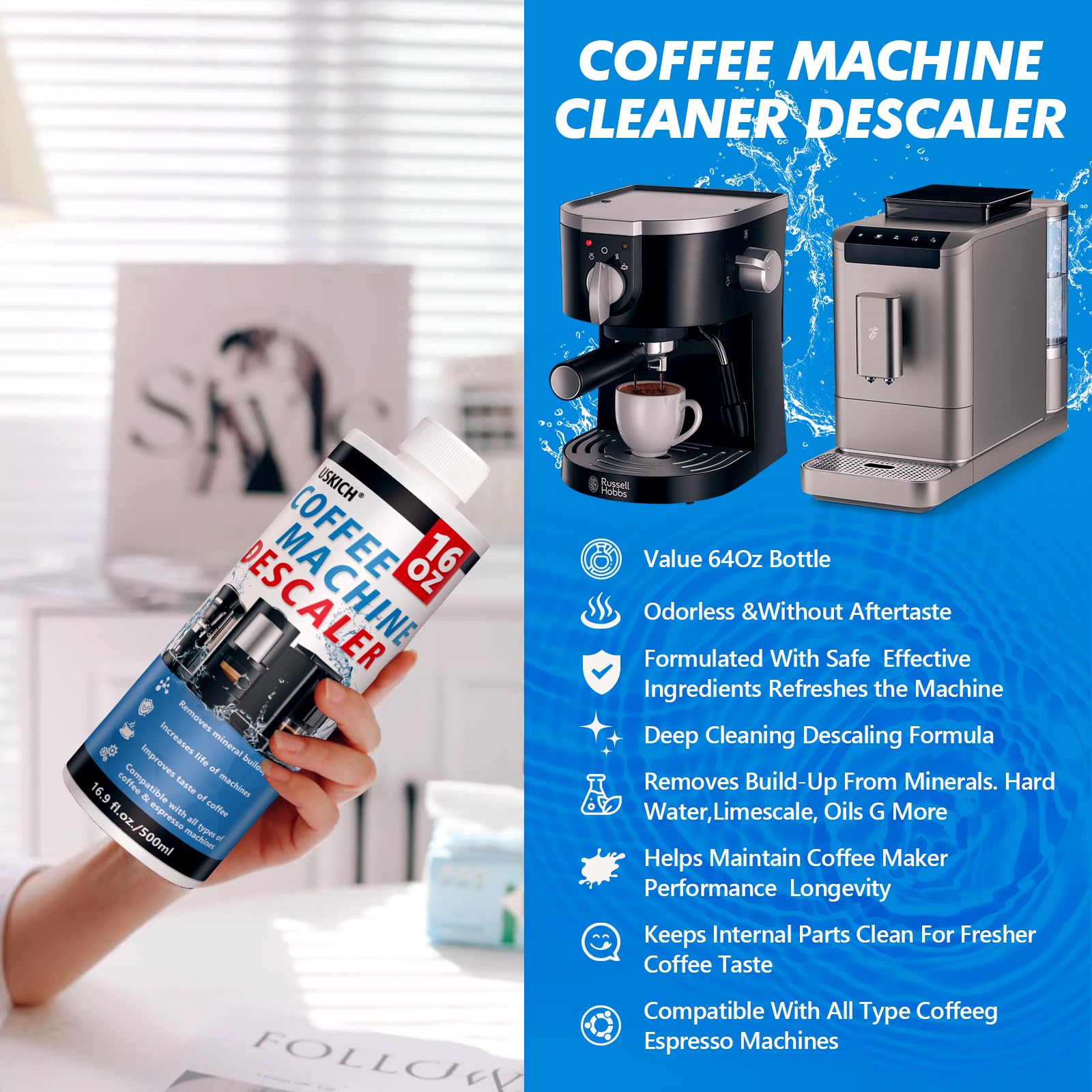 4 Pack Coffee Machine Descaler Descaling Solution -16 Uses,Descaling Solution for Descaling Solution for Keurig, Nespresso, Delonghi,Espresso Machines