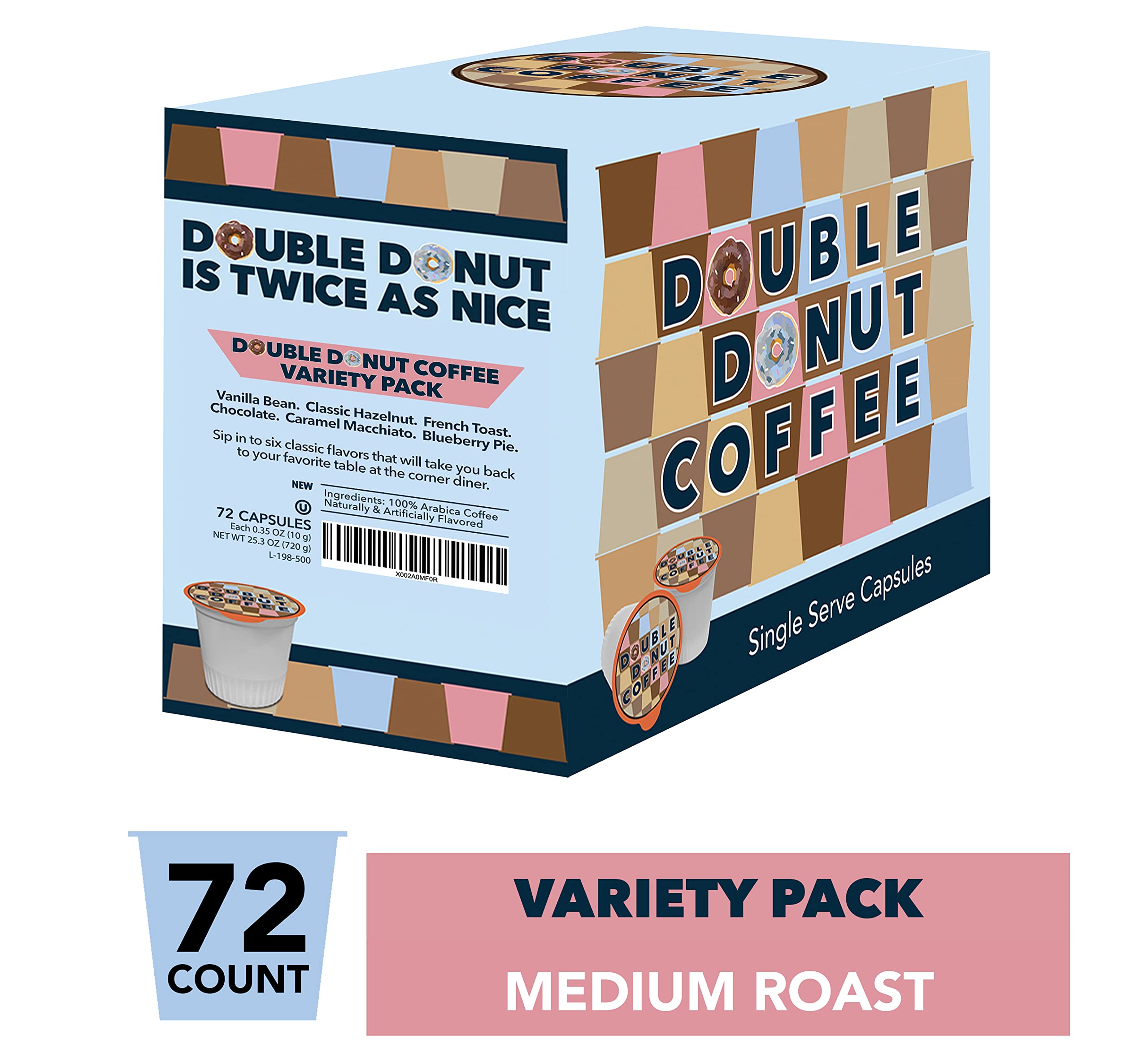 Double Donut Coffee Flavored Coffee Variety Pack with Recyclable Single Serve Flavored Coffee Pods, for Keurig K Cups Coffee Makers, from Double Donut Coffee, 72 Count