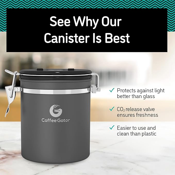 Coffee Gator Coffee Canister, 16oz Airtight Stainless Steel Kitchen Food Storage Container with Date Tracker, CO2-Release Valve and Scoop for Sugar, Beans, Tea, Sugar, Cereal, Cookies Jars - Black